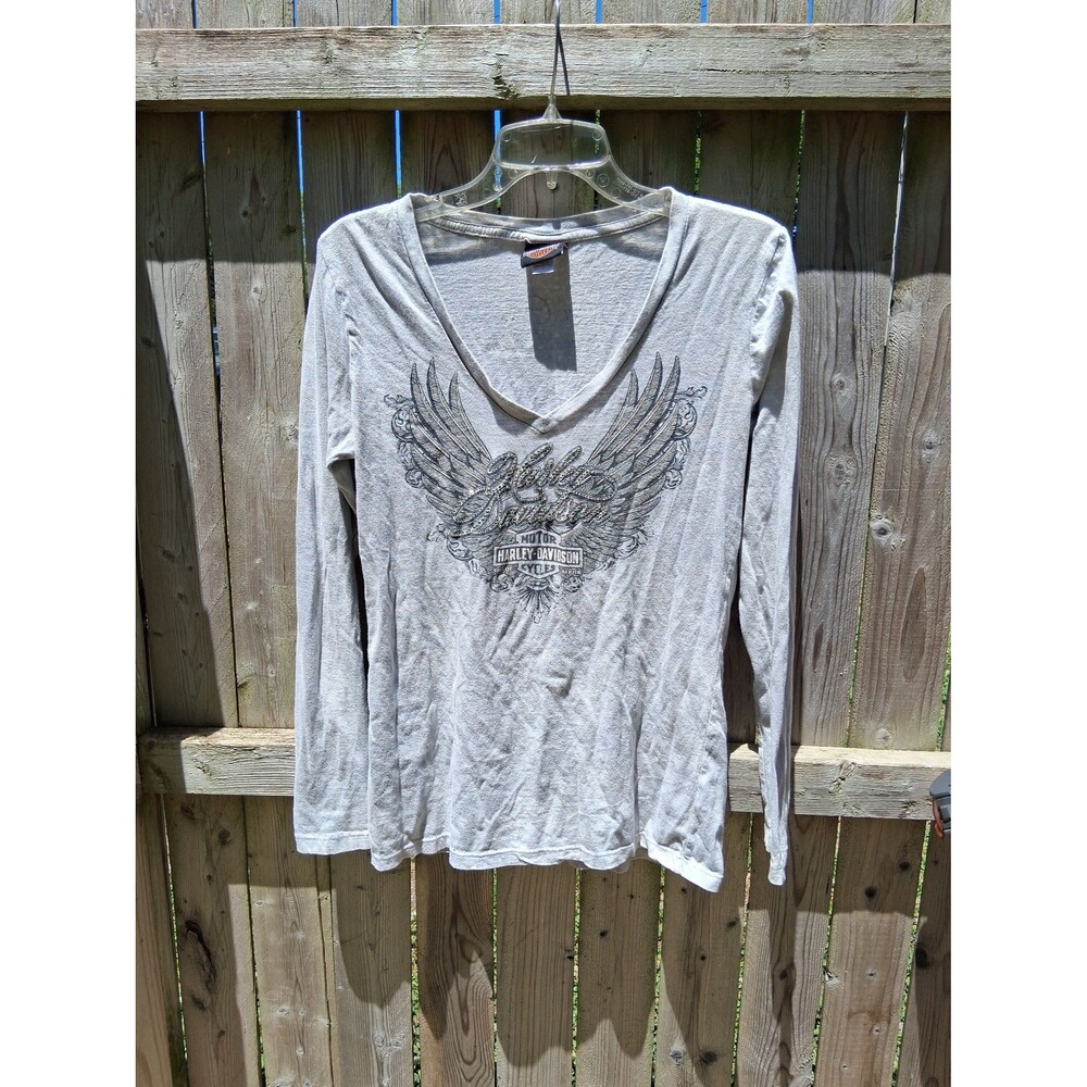 068 Harley Davidson Long Sleeve T-Shirt Gray Marble Graphic Print Large 2016